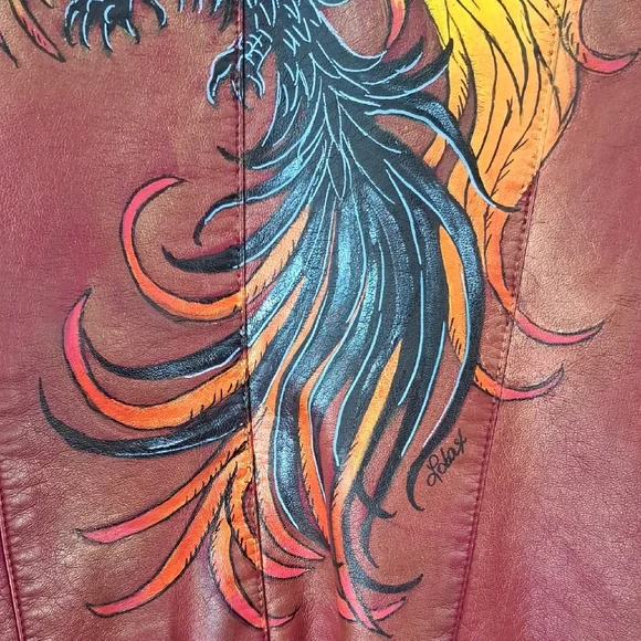 Hand Painted Faux Leather Jacket with Phoenix Art Size Large - Picture 7 of 17